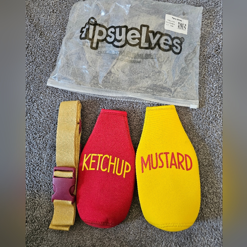 NWOT tipsy elves hot dog jumpsuit ketchup mustard koozies